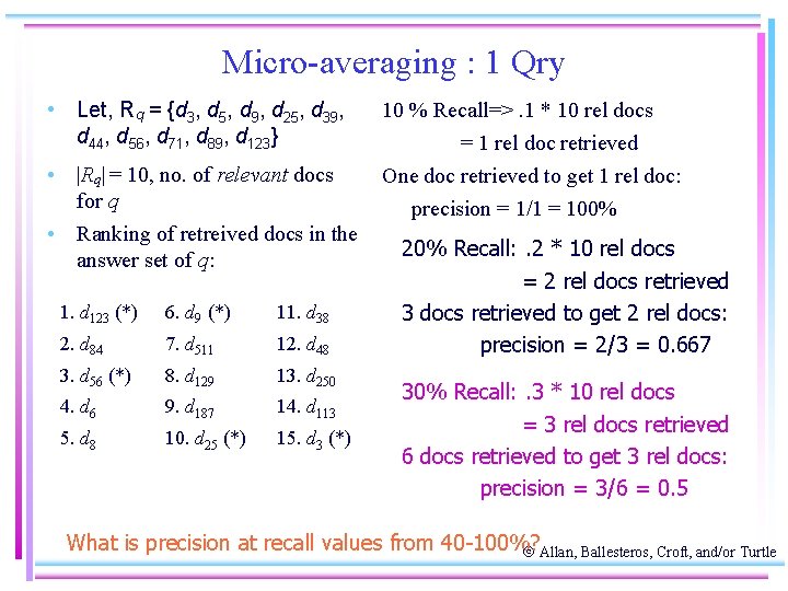Micro-averaging : 1 Qry • Let, Rq = {d 3, d 5, d 9,