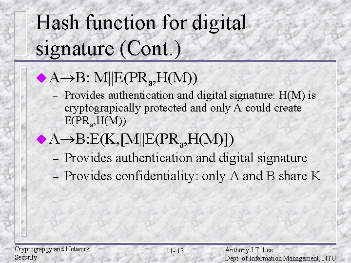 Hash function for digital signature (Cont. ) u A B: M||E(PRa, H(M)) – Provides