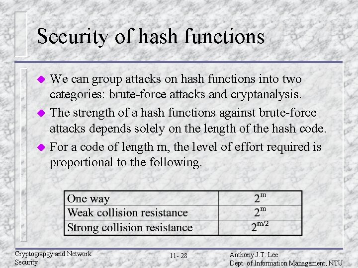 Security of hash functions We can group attacks on hash functions into two categories: