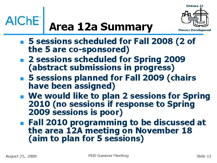 Division 12 Area 12 a Summary n n n Process Development 5 sessions scheduled