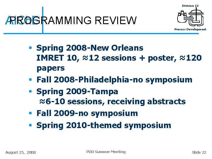 Division 12 PROGRAMMING REVIEW Process Development § Spring 2008 -New Orleans IMRET 10, ≈12