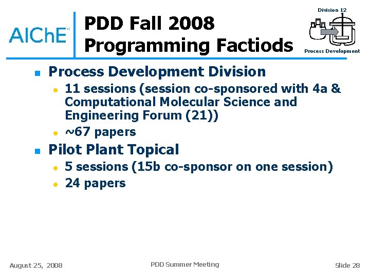 PDD Fall 2008 Programming Factiods n Process Development Division l l n Division 12