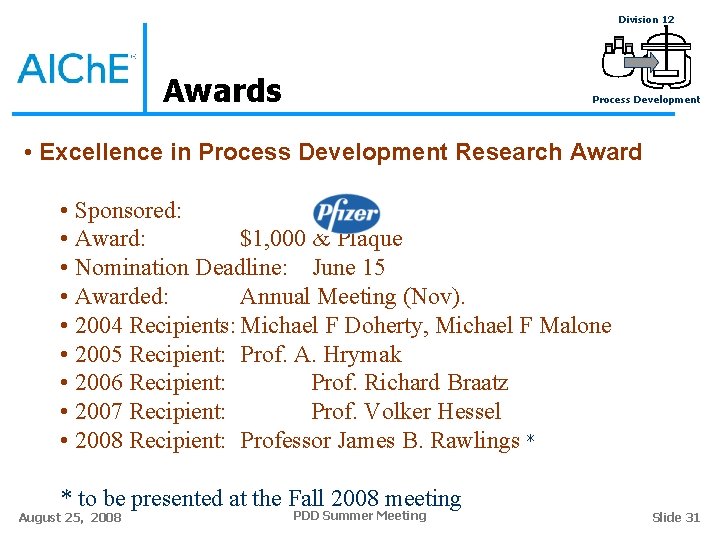 Division 12 Awards Process Development • Excellence in Process Development Research Award • Sponsored: