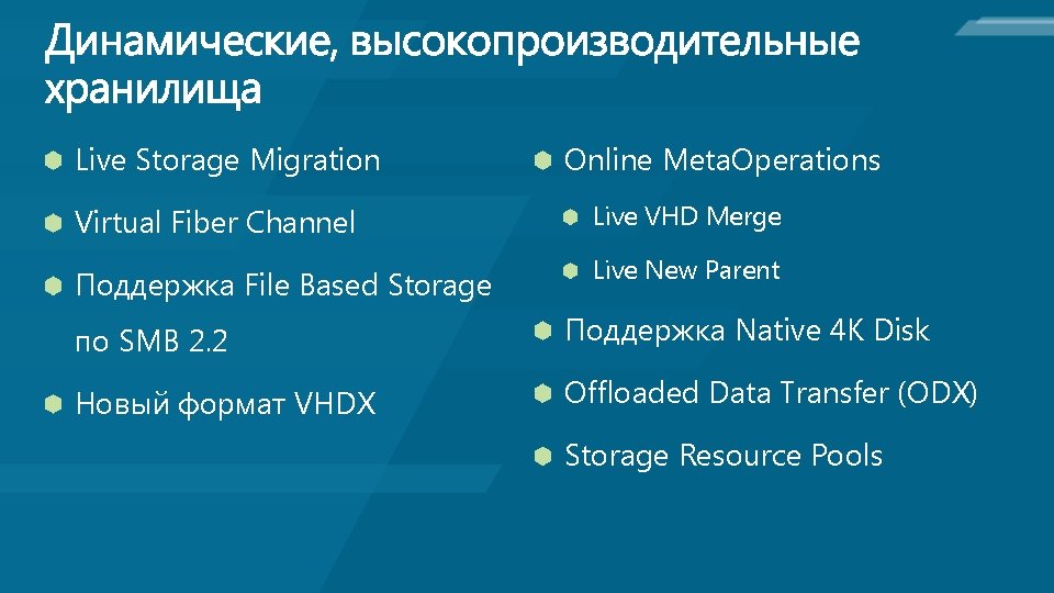 Live Storage Migration Online Meta. Operations Virtual Fiber Channel Live VHD Merge Поддержка File