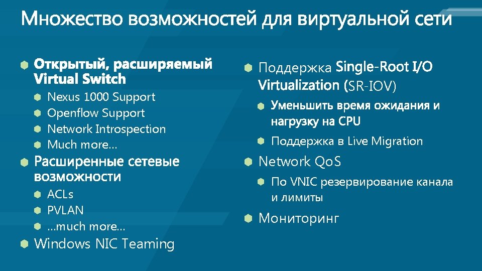 Поддержка Nexus 1000 Support Openflow Support Network Introspection Much more… ACLs PVLAN …much more…