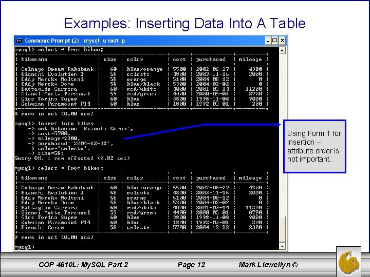 Examples: Inserting Data Into A Table Using Form 1 for insertion – attribute order