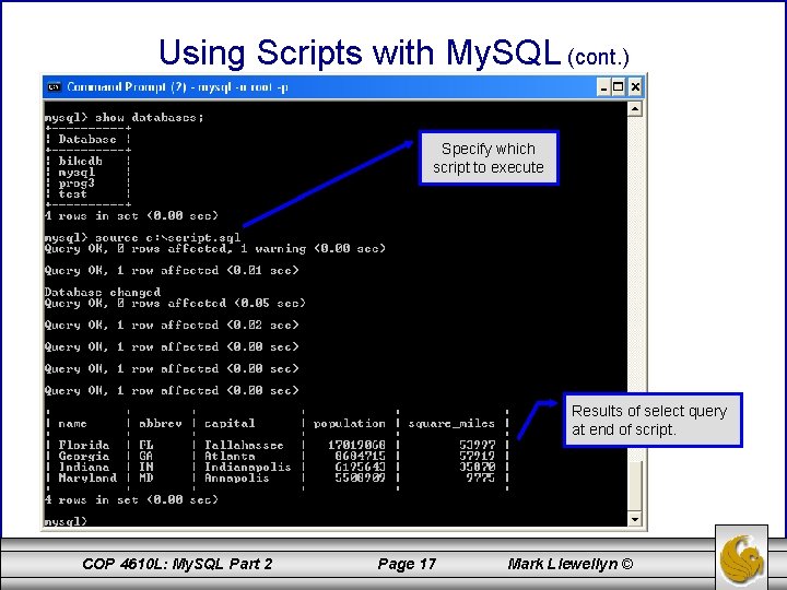 Using Scripts with My. SQL (cont. ) Specify which script to execute Results of