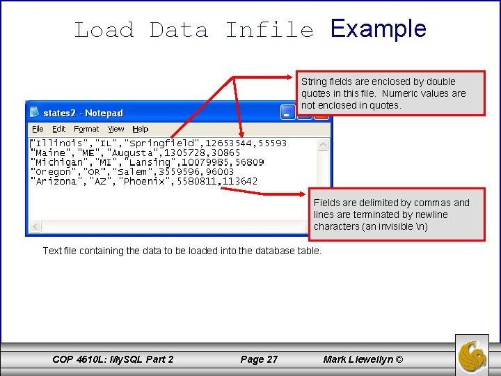 Load Data Infile Example String fields are enclosed by double quotes in this file.