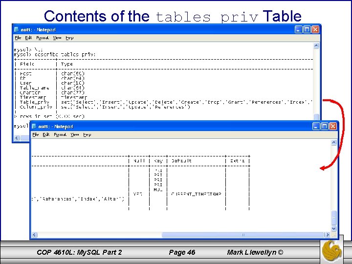 Contents of the tables_priv Table COP 4610 L: My. SQL Part 2 Page 46