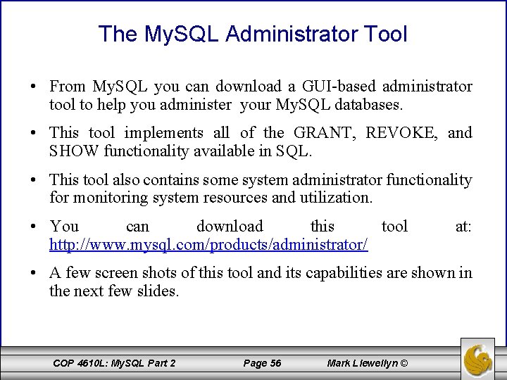 The My. SQL Administrator Tool • From My. SQL you can download a GUI-based