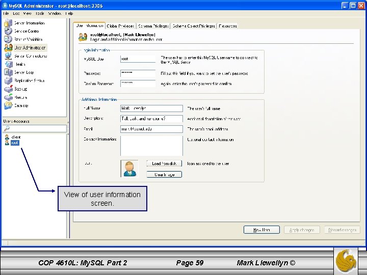 View of user information screen. COP 4610 L: My. SQL Part 2 Page 59