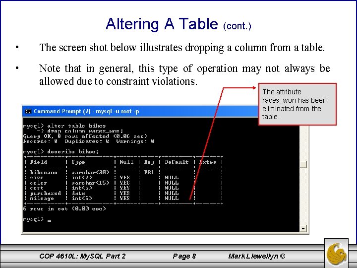 Altering A Table (cont. ) • The screen shot below illustrates dropping a column