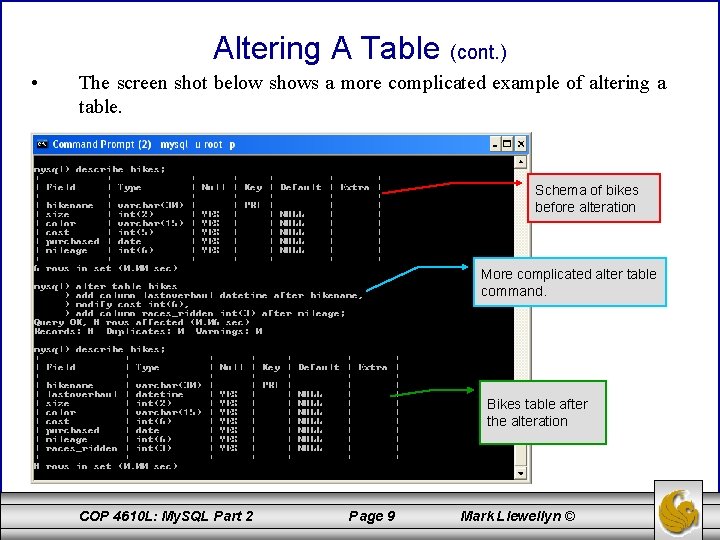 Altering A Table (cont. ) • The screen shot below shows a more complicated