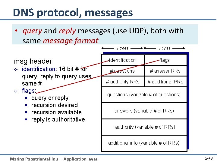 DNS protocol, messages • query and reply messages (use UDP), both with same message