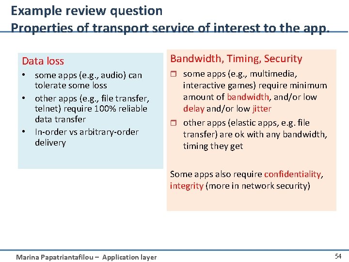 Example review question Properties of transport service of interest to the app. Data loss