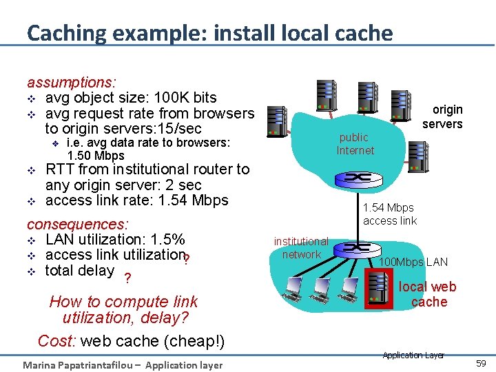 Caching example: install local cache assumptions: v avg object size: 100 K bits v