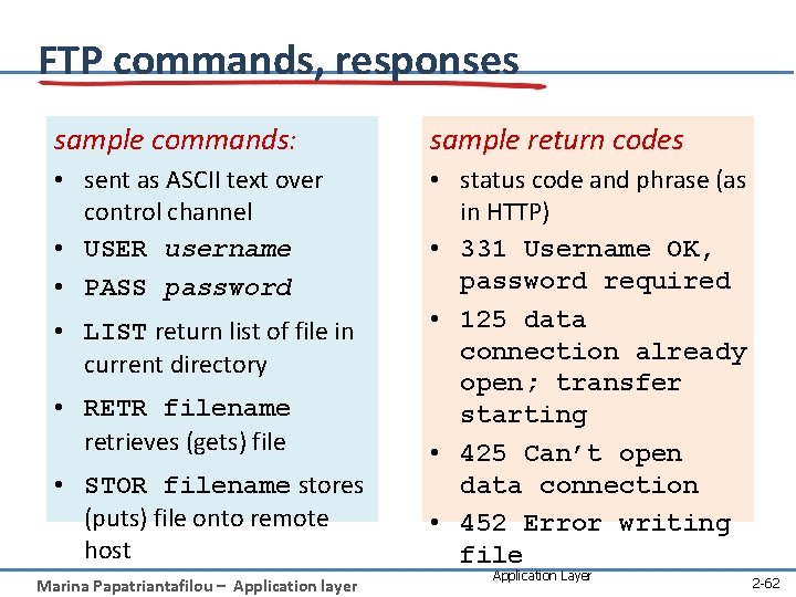 FTP commands, responses sample commands: sample return codes • sent as ASCII text over