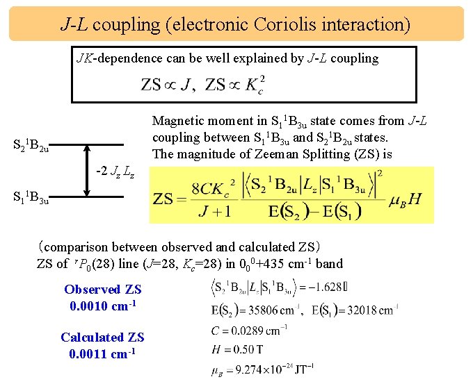 J-L coupling (electronic Coriolis interaction) JK-dependence can be well explained by J-L coupling Magnetic