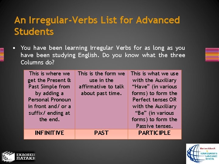 An Irregular-Verbs List for Advanced Students • You have been learning Irregular Verbs for