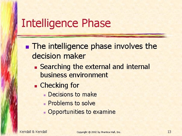 Intelligence Phase n The intelligence phase involves the decision maker n n Searching the