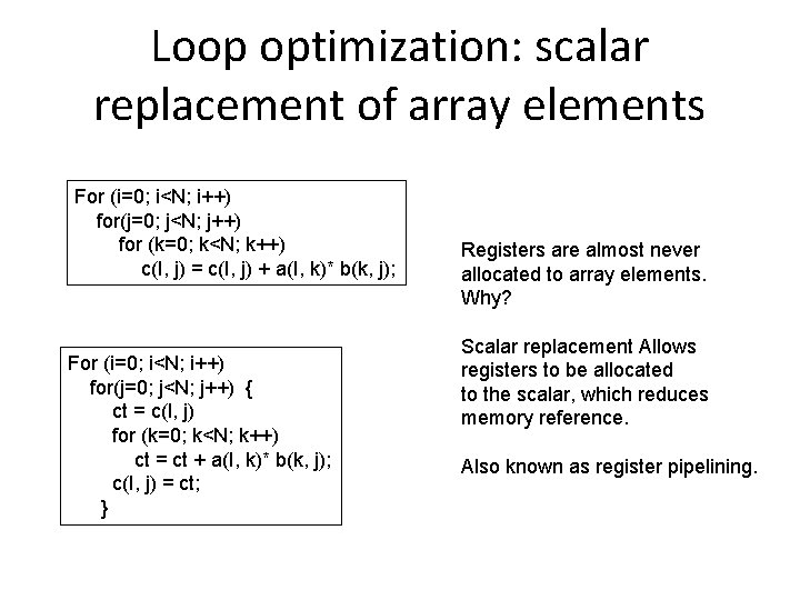 Loop optimization: scalar replacement of array elements For (i=0; i<N; i++) for(j=0; j<N; j++)