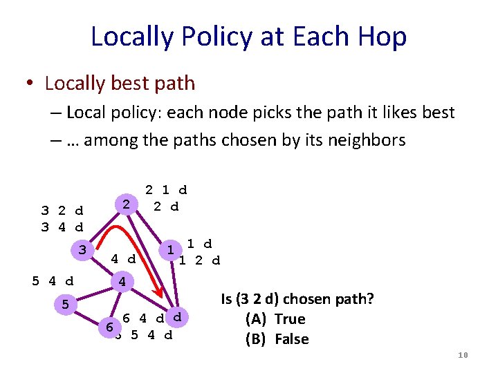 Locally Policy at Each Hop • Locally best path – Local policy: each node