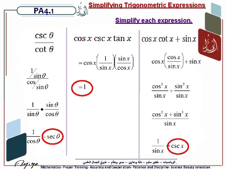 PA 4. 1 Simplifying Trigonometric Expressions Simplify each expression. ﺍﻟﺮﻳﺎﺿﻴﺎﺕ – ﺗﻔﻜﻴﺮ ﺳﻠﻴﻢ –