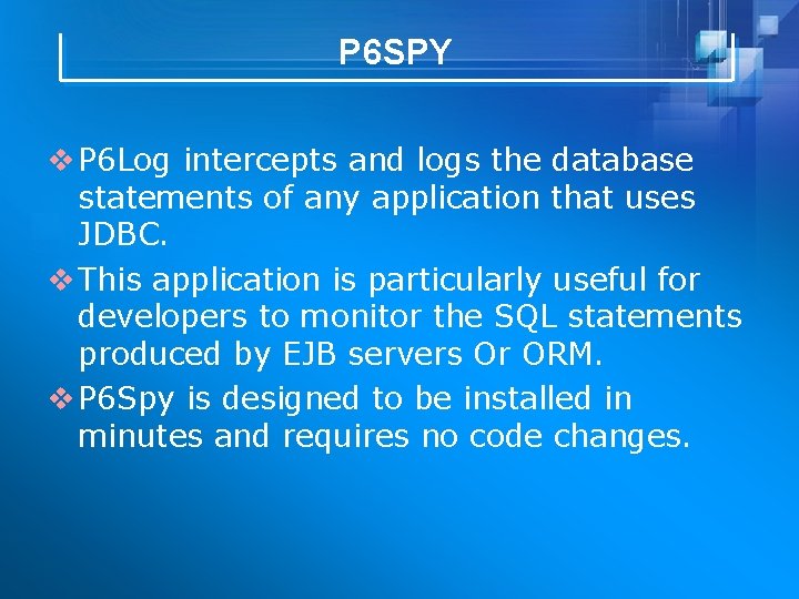 P 6 SPY v P 6 Log intercepts and logs the database statements of