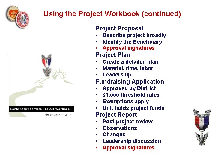 Using the Project Workbook (continued) Project Proposal • Describe project broadly • Identify the