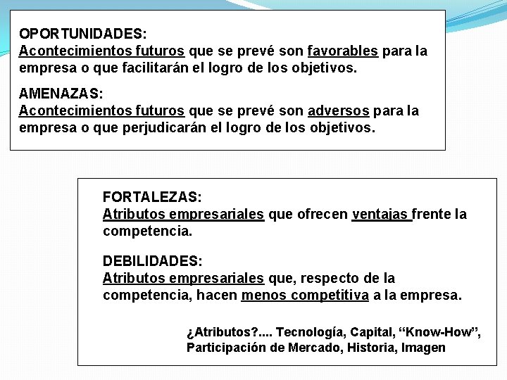 OPORTUNIDADES: Acontecimientos futuros que se prevé son favorables para la empresa o que facilitarán