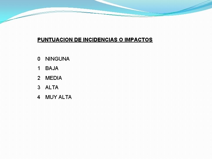 PUNTUACION DE INCIDENCIAS O IMPACTOS 0 NINGUNA 1 BAJA 2 MEDIA 3 ALTA 4