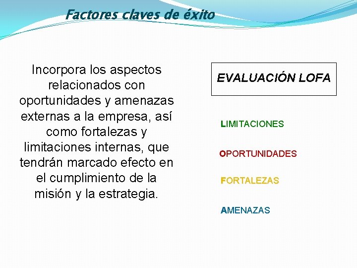 Factores claves de éxito Incorpora los aspectos relacionados con oportunidades y amenazas externas a