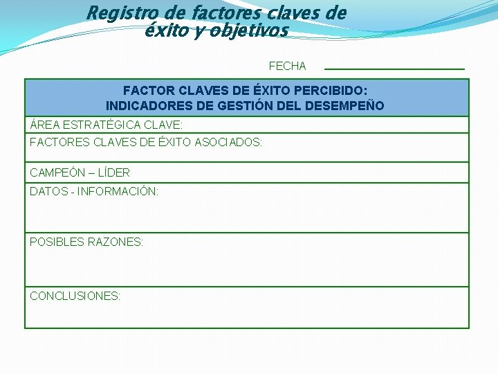 Registro de factores claves de éxito y objetivos FECHA FACTOR CLAVES DE ÉXITO PERCIBIDO: