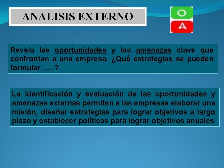 ANALISIS EXTERNO Revela las oportunidades y las amenazas clave que confrontan a una empresa.