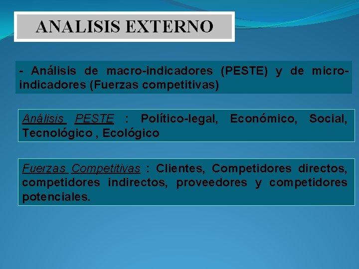 ANALISIS EXTERNO - Análisis de macro-indicadores (PESTE) y de microindicadores (Fuerzas competitivas) Análisis PESTE