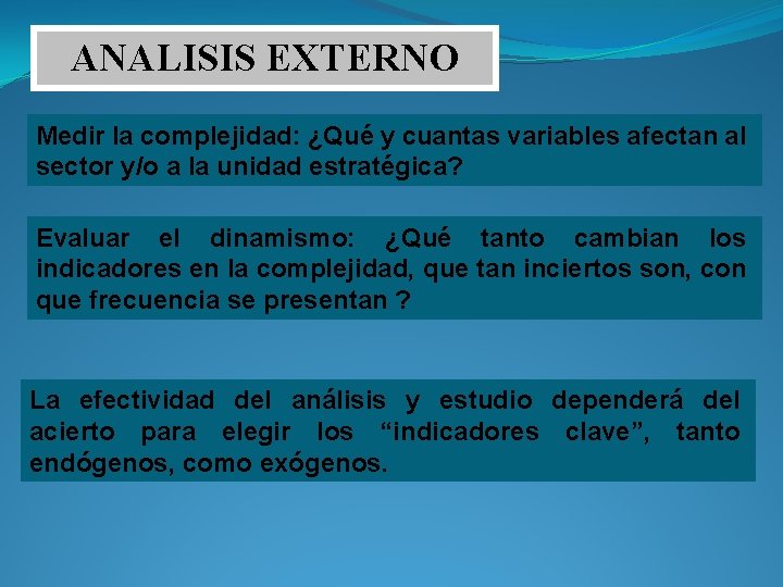 ANALISIS EXTERNO Medir la complejidad: ¿Qué y cuantas variables afectan al sector y/o a