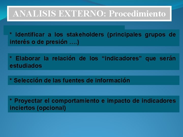ANALISIS EXTERNO: Procedimiento * Identificar a los stakeholders (principales grupos de interés o de