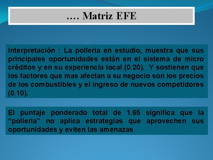 …. Matriz EFE Interpretación : La polleria en estudio, muestra que sus principales oportunidades