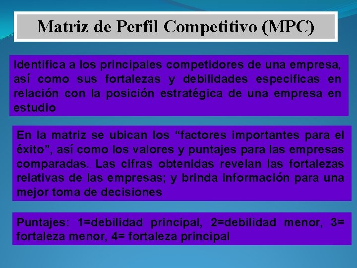 Matriz de Perfil Competitivo (MPC) Identifica a los principales competidores de una empresa, así