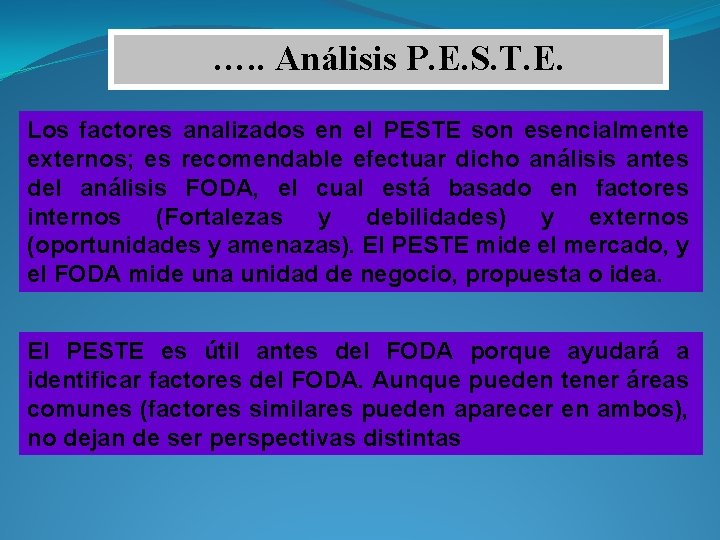 …. . Análisis P. E. S. T. E. Los factores analizados en el PESTE