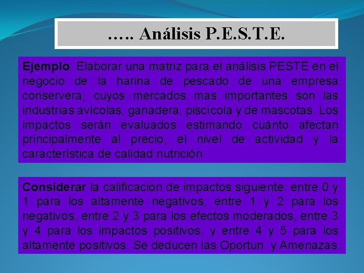…. . Análisis P. E. S. T. E. Ejemplo: Elaborar una matriz para el