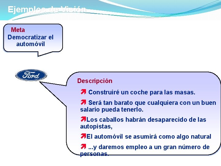 Ejemplos de Visión Meta Democratizar el automóvil Descripción ì Construiré un coche para las