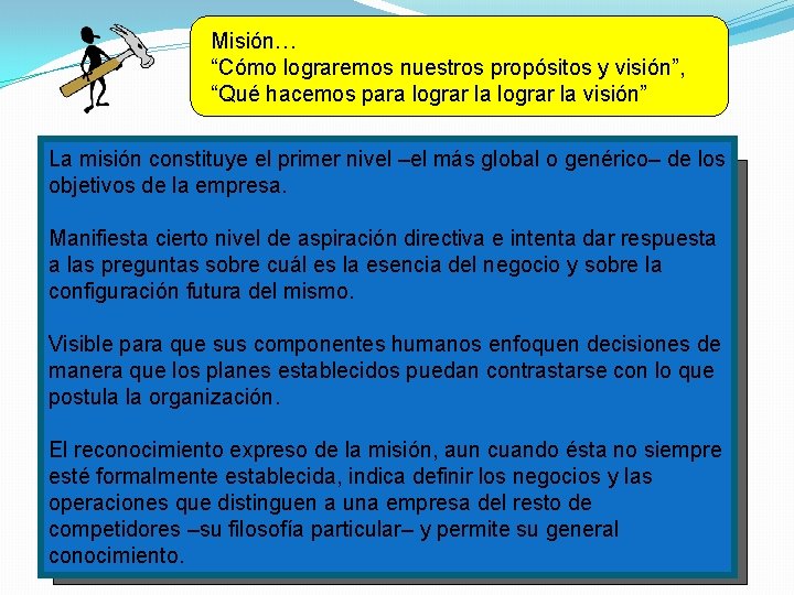 Misión… “Cómo lograremos nuestros propósitos y visión”, “Qué hacemos para lograr la visión” La