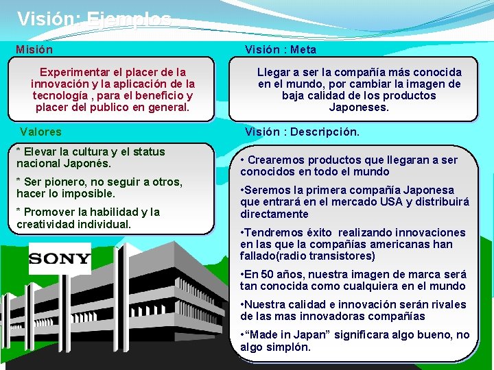 Visión: Ejemplos Misión Experimentar el placer de la innovación y la aplicación de la