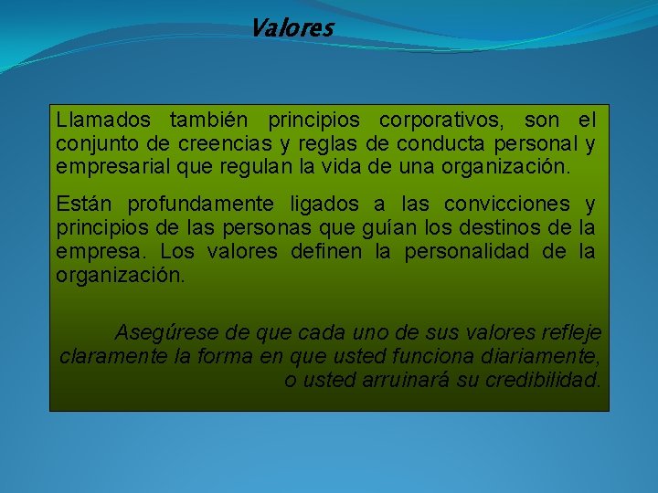 Valores Llamados también principios corporativos, son el conjunto de creencias y reglas de conducta