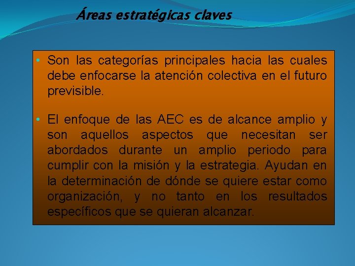 Áreas estratégicas claves • Son las categorías principales hacia las cuales debe enfocarse la