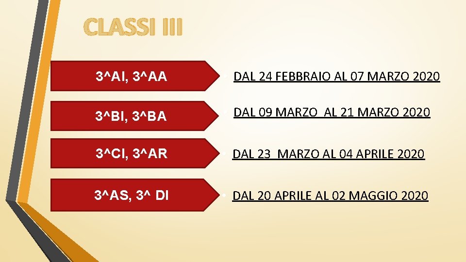 CLASSI III 3^AI, 3^AA • DAL 24 FEBBRAIO AL 07 MARZO 2020 3^BI, 3^BA