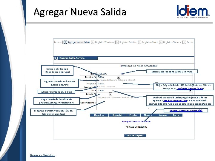 Agregar Nueva Salida Seleccionar Técnico (debe seleccionar uno) Ingresar Horario en formato (hhmm a