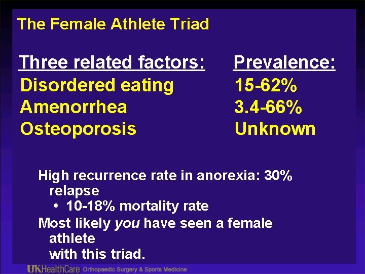 The Female Athlete Triad Three related factors: Disordered eating Amenorrhea Osteoporosis Prevalence: 15 -62%
