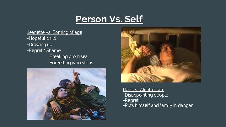 Person Vs. Self Jeanette vs. Coming of age -Hopeful child -Growing up -Regret/ Shame